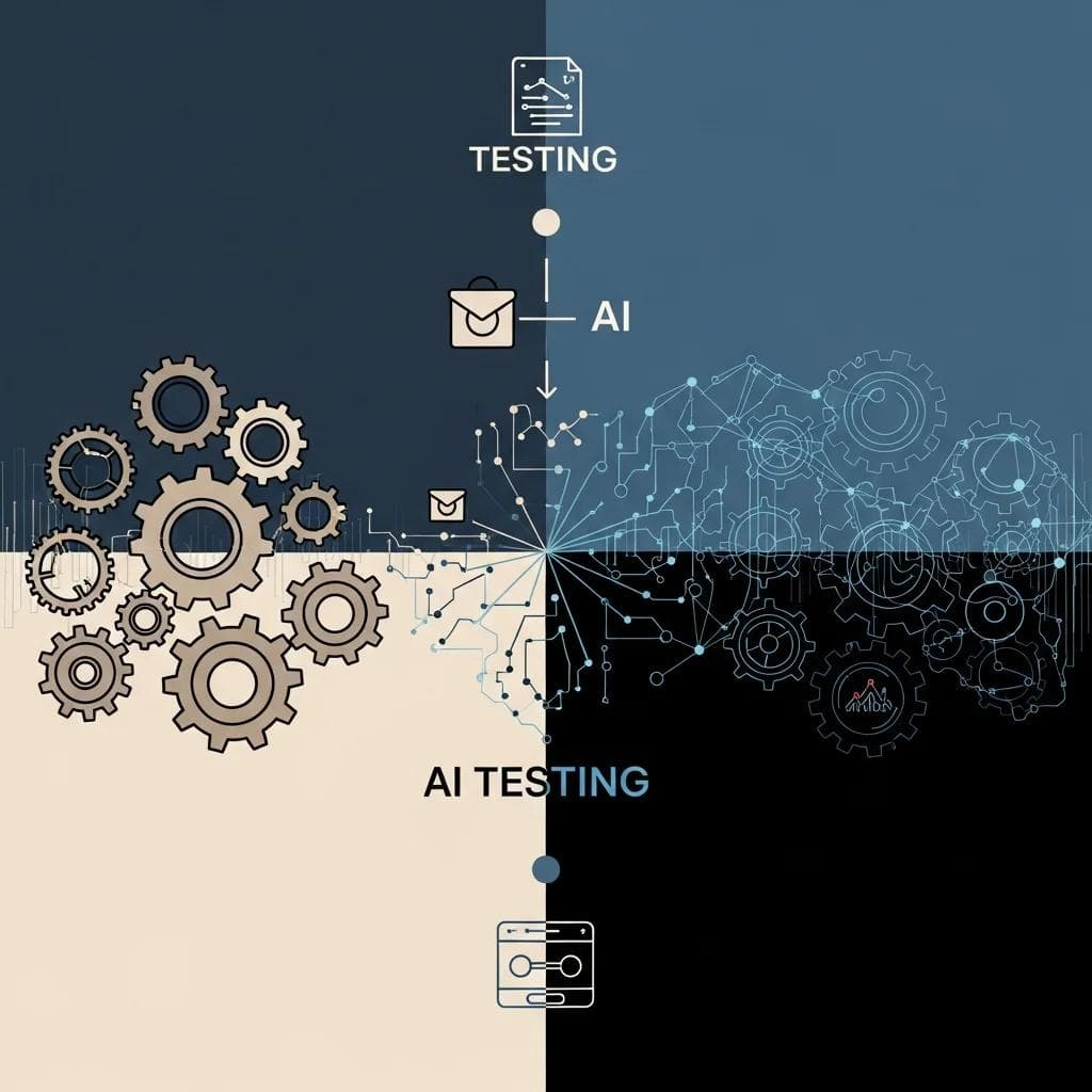 Two contrasting scenes, left side showing a traditional software testing environment with orderly gears and cogs, right side depicting AI...