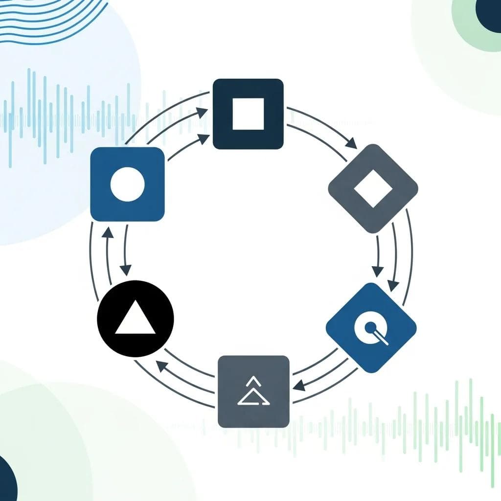 Flowchart with interconnected nodes, each node by a distinct geometric shape, arrows connecting nodes to show process flow, nodes arrange...