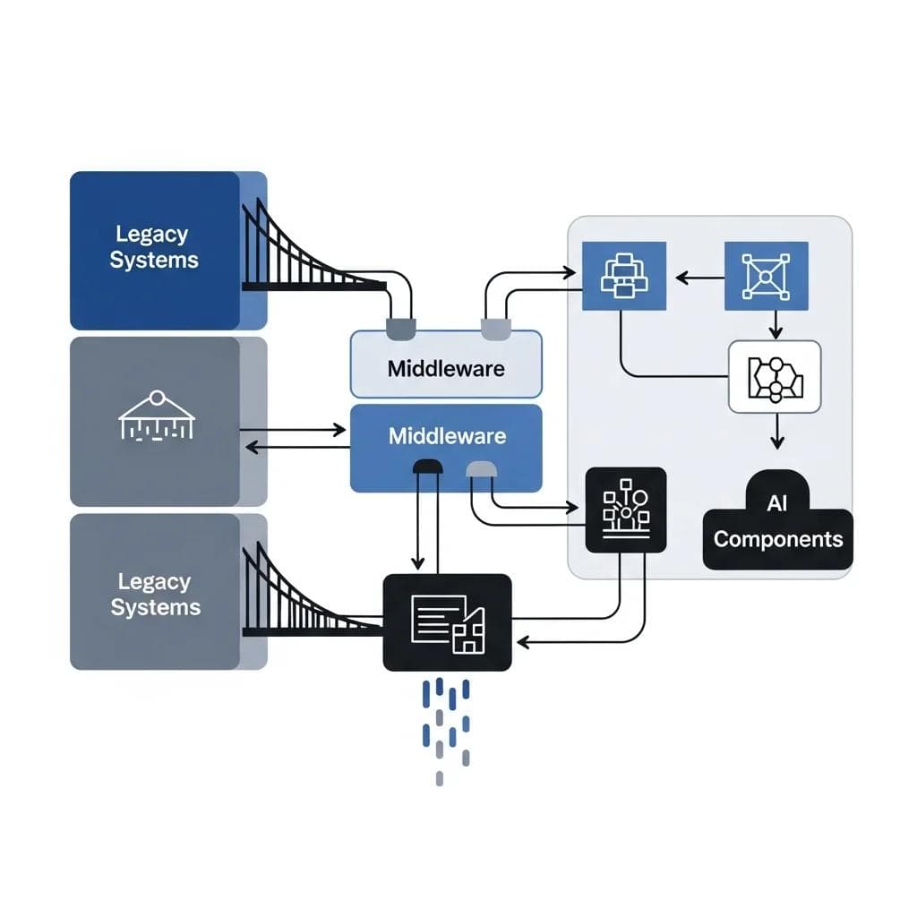 Diagram with interconnected blocks, showing legacy systems on one side, middleware in the center, AI components on the other side, arrows...