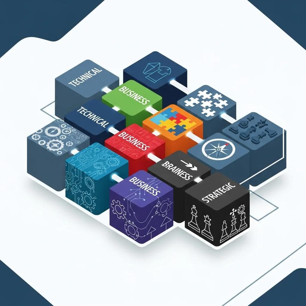 A matrix of interconnected blocks, each block a different skill area, vibrant colors for technical, business, and strategic capabilities,...