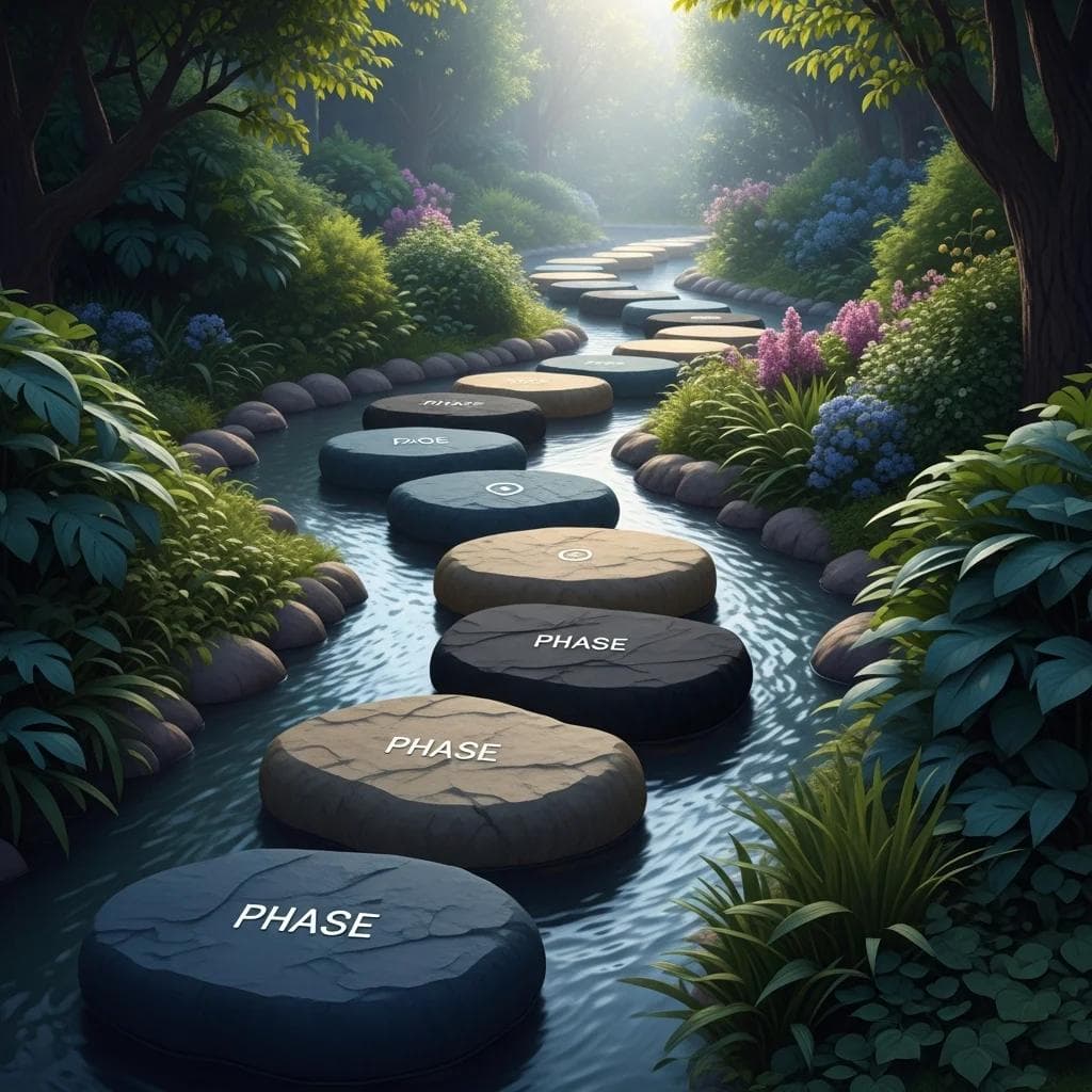A series of interconnected stepping stones leading through a lush garden, each stone a phase in a journey, with varying textures and colo...