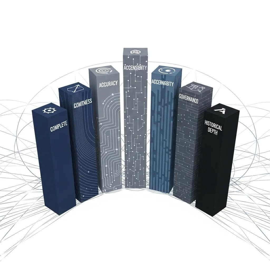A series of interconnected pillars, each a data quality checkpoint, arranged in a semi-circle, with each pillar having unique textures an...