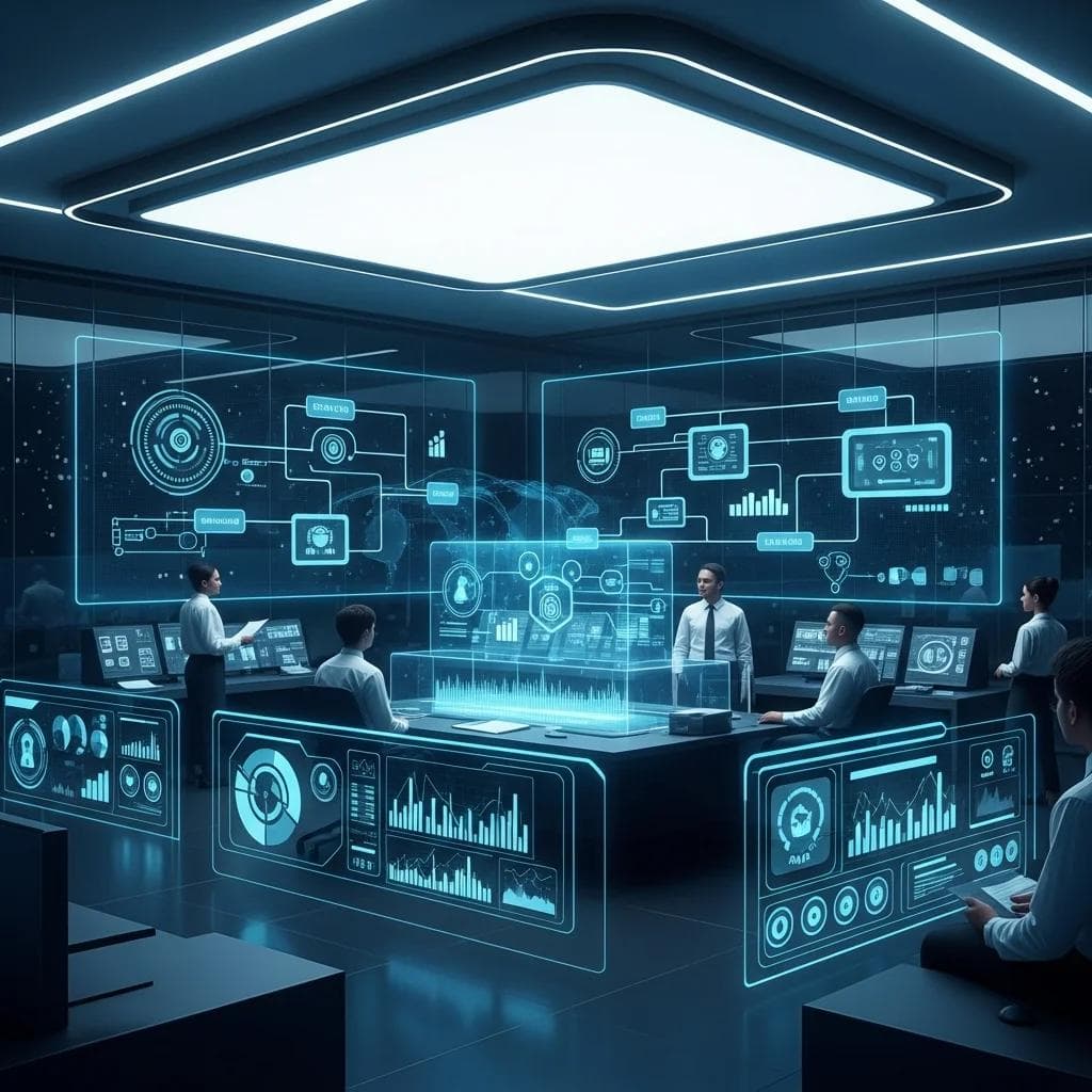 A futuristic control room with glowing digital interfaces, holographic displays showing interconnected nodes and data streams, a diverse...